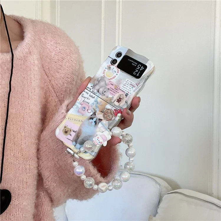 For Samsung Galaxy Z Flip4 5G Case Cute Cat Pattern IMD PC Phone Cases with Hand Strap