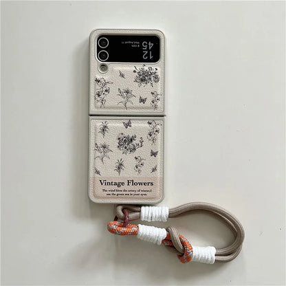 For Samsung Galaxy Z Flip4 5G Case Leather Coated+PC Pattern Printing Phone Cover with Hand Strap