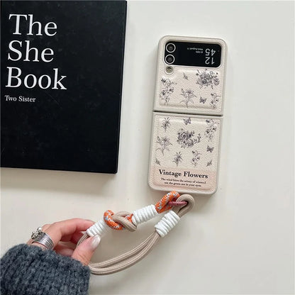 For Samsung Galaxy Z Flip4 5G Case Leather Coated+PC Pattern Printing Phone Cover with Hand Strap
