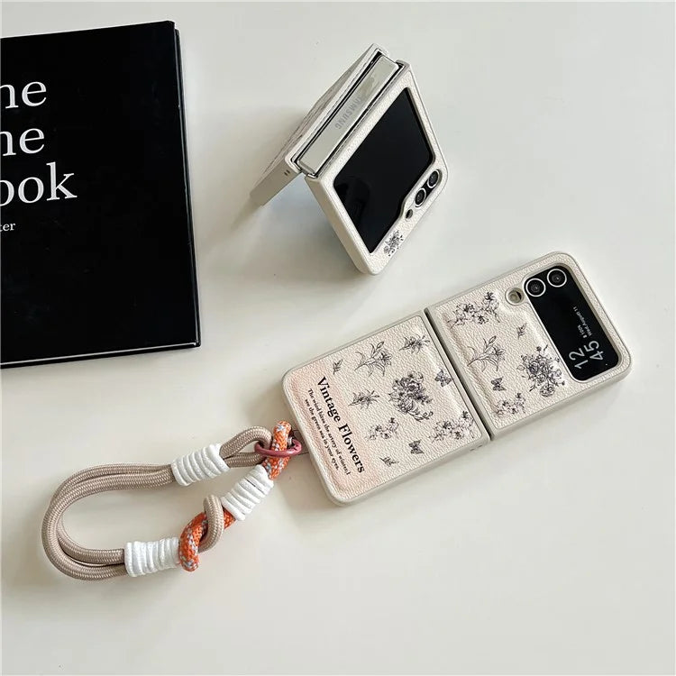 For Samsung Galaxy Z Flip4 5G Case Leather Coated+PC Pattern Printing Phone Cover with Hand Strap