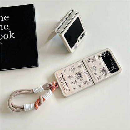 For Samsung Galaxy Z Flip4 5G Case Leather Coated+PC Pattern Printing Phone Cover with Hand Strap