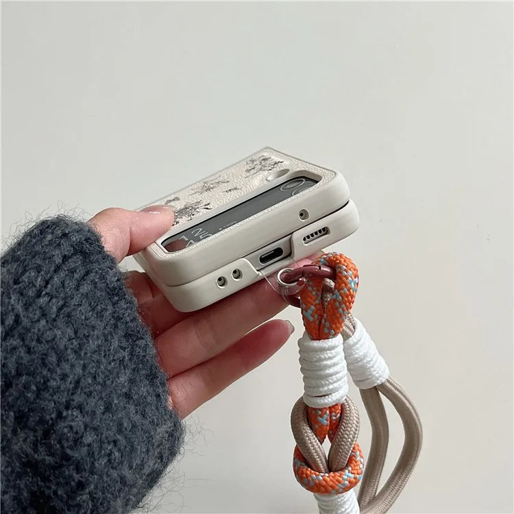 For Samsung Galaxy Z Flip4 5G Case Leather Coated+PC Pattern Printing Phone Cover with Hand Strap
