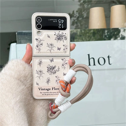 For Samsung Galaxy Z Flip4 5G Case Leather Coated+PC Pattern Printing Phone Cover with Hand Strap