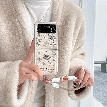 For Samsung Galaxy Z Flip4 5G Case Leather Coated+PC Pattern Printing Phone Cover with Hand Strap