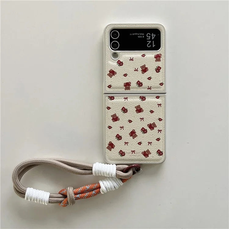 For Samsung Galaxy Z Flip4 5G Case Leather Coated+PC Pattern Printing Phone Cover with Hand Strap
