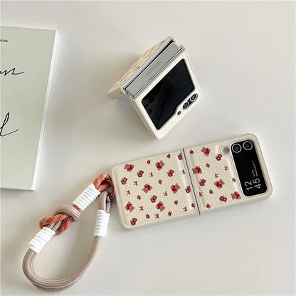 For Samsung Galaxy Z Flip4 5G Case Leather Coated+PC Pattern Printing Phone Cover with Hand Strap