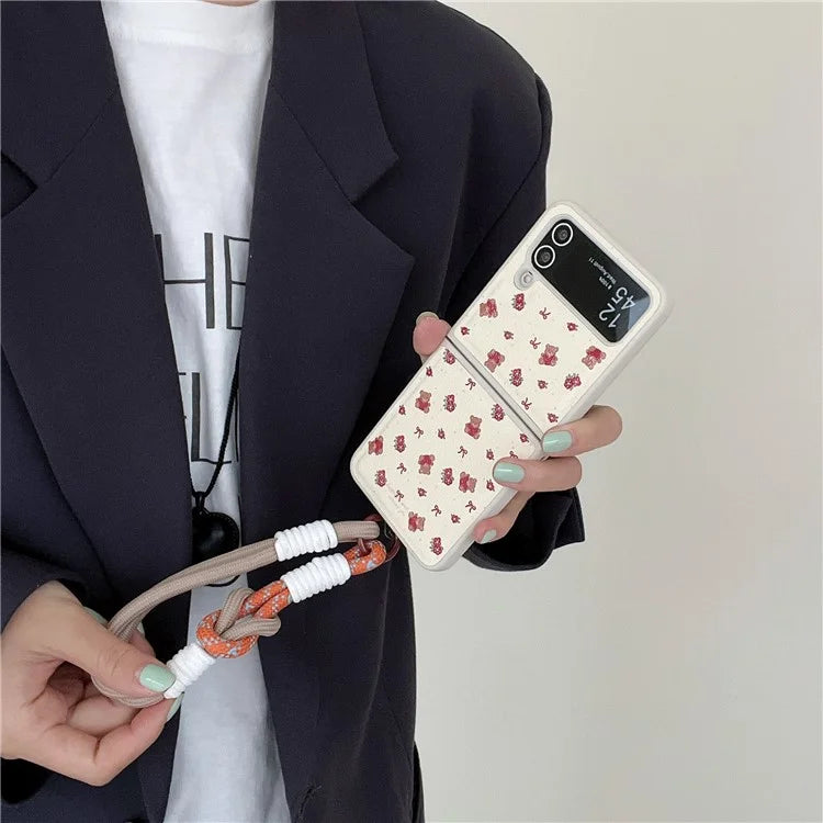 For Samsung Galaxy Z Flip4 5G Case Leather Coated+PC Pattern Printing Phone Cover with Hand Strap