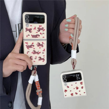 For Samsung Galaxy Z Flip4 5G Case Leather Coated+PC Pattern Printing Phone Cover with Hand Strap