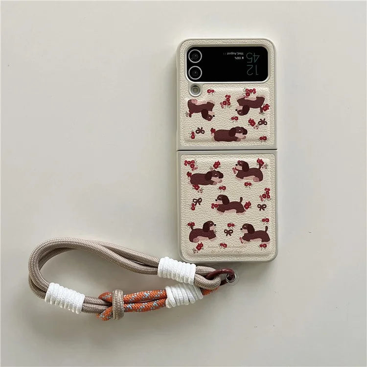 For Samsung Galaxy Z Flip4 5G Case Leather Coated+PC Pattern Printing Phone Cover with Hand Strap