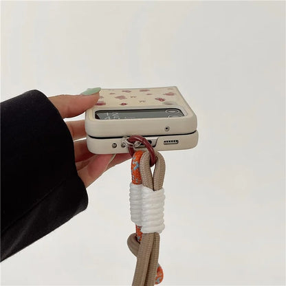 For Samsung Galaxy Z Flip4 5G Case Leather Coated+PC Pattern Printing Phone Cover with Hand Strap