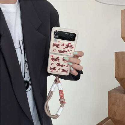 For Samsung Galaxy Z Flip4 5G Case Leather Coated+PC Pattern Printing Phone Cover with Hand Strap