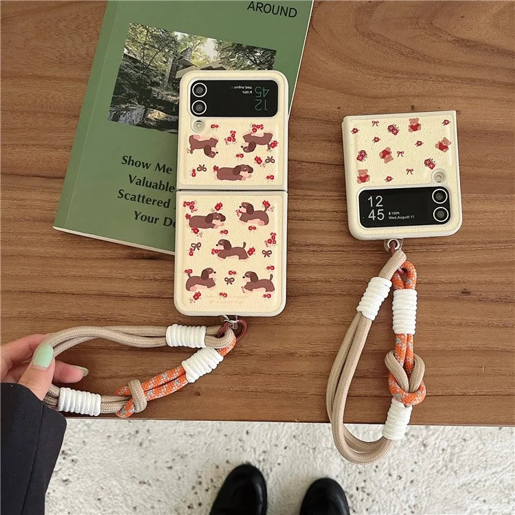 For Samsung Galaxy Z Flip4 5G Case Leather Coated+PC Pattern Printing Phone Cover with Hand Strap