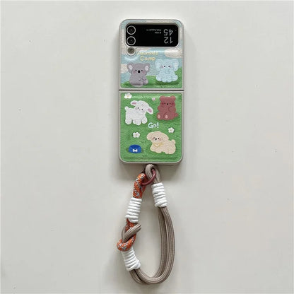For Samsung Galaxy Z Flip4 5G Case Leather Coated+PC Pattern Printing Phone Cover with Hand Strap