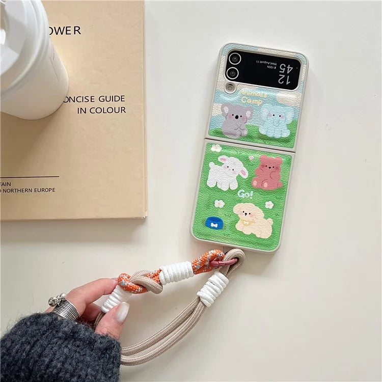 For Samsung Galaxy Z Flip4 5G Case Leather Coated+PC Pattern Printing Phone Cover with Hand Strap