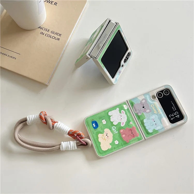 For Samsung Galaxy Z Flip4 5G Case Leather Coated+PC Pattern Printing Phone Cover with Hand Strap