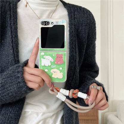 For Samsung Galaxy Z Flip4 5G Case Leather Coated+PC Pattern Printing Phone Cover with Hand Strap