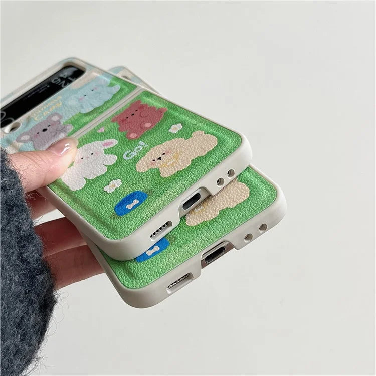 For Samsung Galaxy Z Flip4 5G Case Leather Coated+PC Pattern Printing Phone Cover with Hand Strap