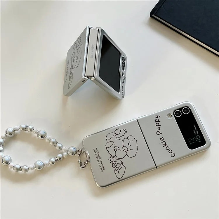For Samsung Galaxy Z Flip4 5G Phone Case Electroplating Lined Bear Pattern Cover with Wrist Strap