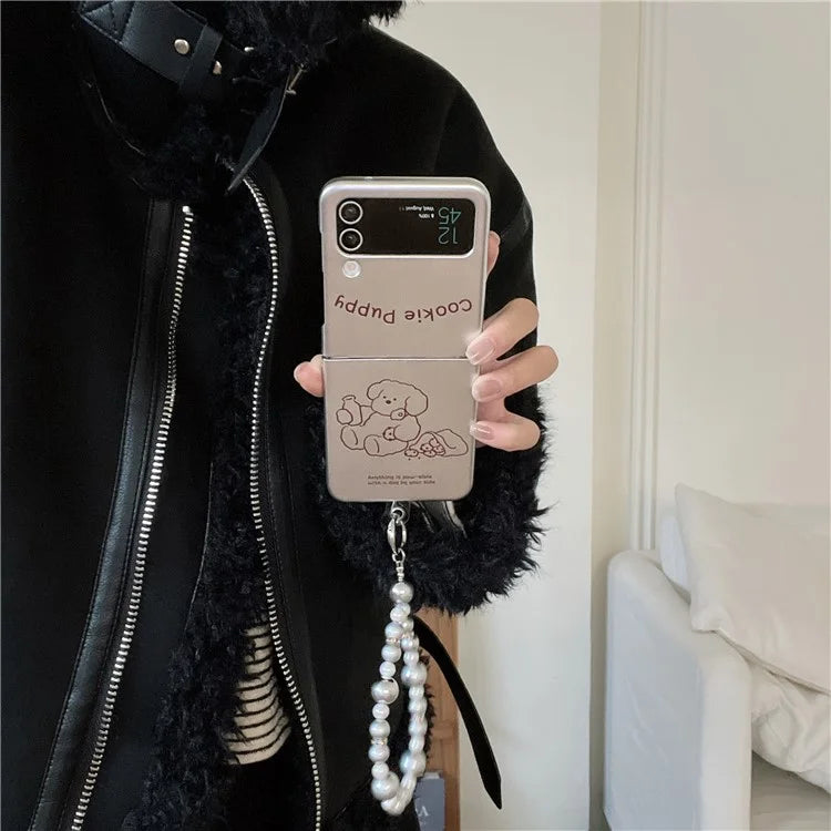 For Samsung Galaxy Z Flip4 5G Phone Case Electroplating Lined Bear Pattern Cover with Wrist Strap