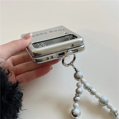 For Samsung Galaxy Z Flip4 5G Phone Case Electroplating Lined Bear Pattern Cover with Wrist Strap