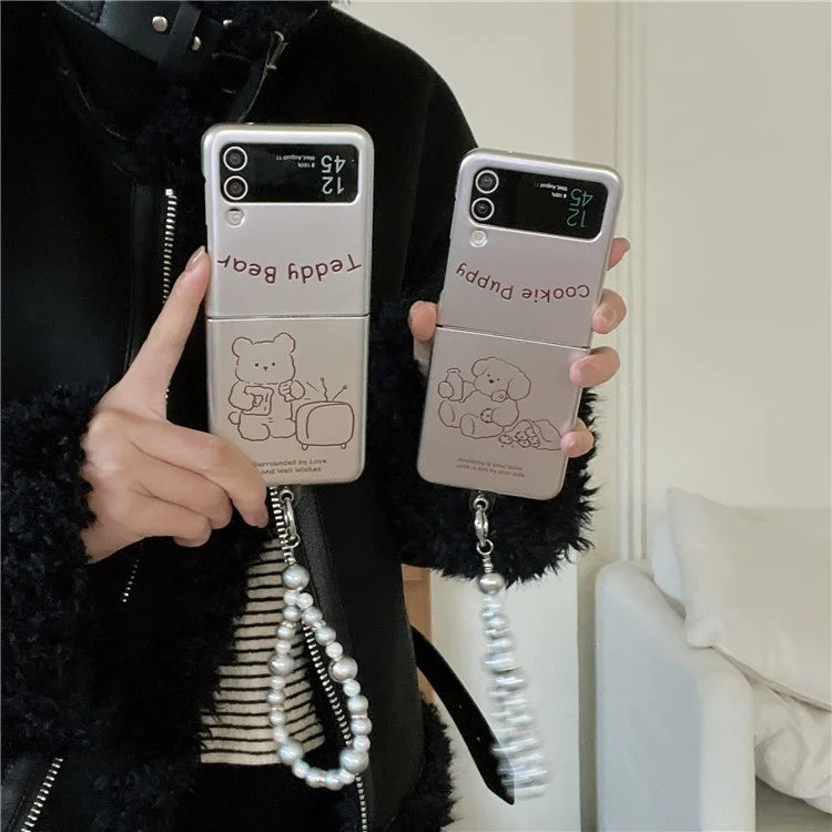 For Samsung Galaxy Z Flip4 5G Phone Case Electroplating Lined Bear Pattern Cover with Wrist Strap