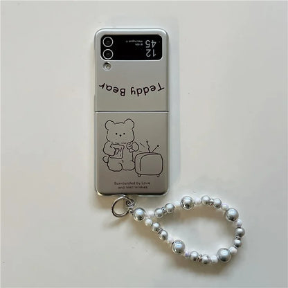For Samsung Galaxy Z Flip4 5G Phone Case Electroplating Lined Bear Pattern Cover with Wrist Strap