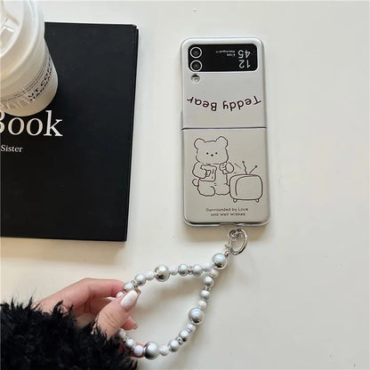 For Samsung Galaxy Z Flip4 5G Phone Case Electroplating Lined Bear Pattern Cover with Wrist Strap