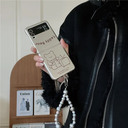 For Samsung Galaxy Z Flip4 5G Phone Case Electroplating Lined Bear Pattern Cover with Wrist Strap