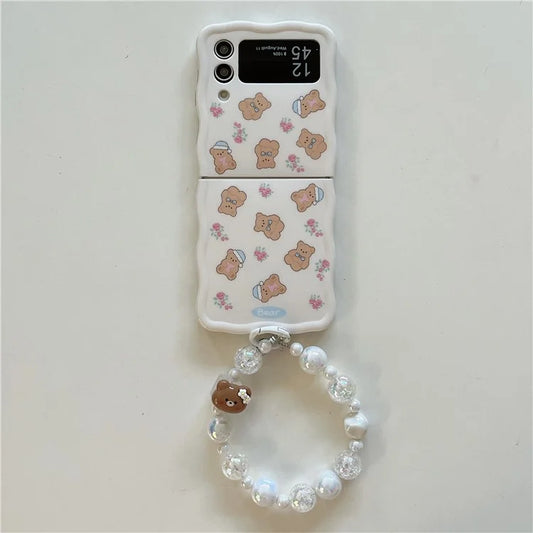For Samsung Galaxy Z Flip4 5G Case with Beaded Wrist Strap Bear Flower Pattern Protective Cover