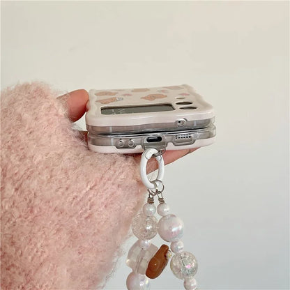 For Samsung Galaxy Z Flip4 5G Case with Beaded Wrist Strap Bear Flower Pattern Protective Cover