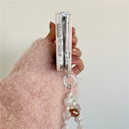For Samsung Galaxy Z Flip4 5G Case with Beaded Wrist Strap Bear Flower Pattern Protective Cover