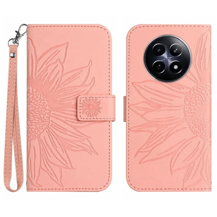 HT04 For Realme 12 Magnetic Case Sunflower Pattern Folio Stand Phone Cover