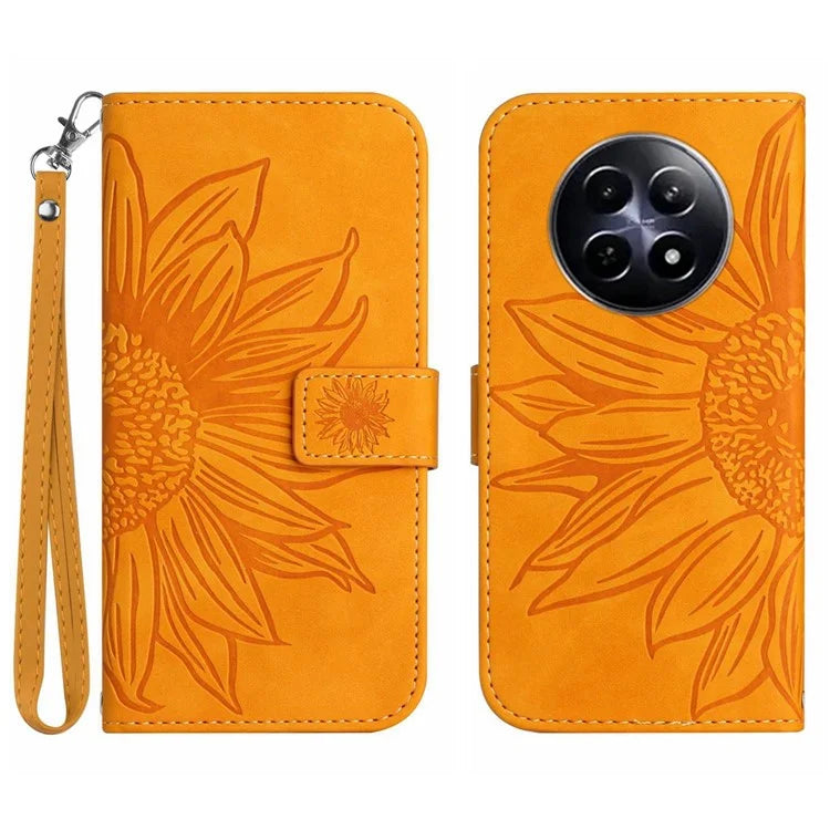 HT04 For Realme 12 Magnetic Case Sunflower Pattern Folio Stand Phone Cover