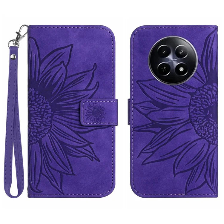 HT04 For Realme 12 Magnetic Case Sunflower Pattern Folio Stand Phone Cover