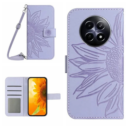 HT04 For Realme 12 Case Leather Phone Cover Protective Cover with Shoulder Strap Sunflower Pattern