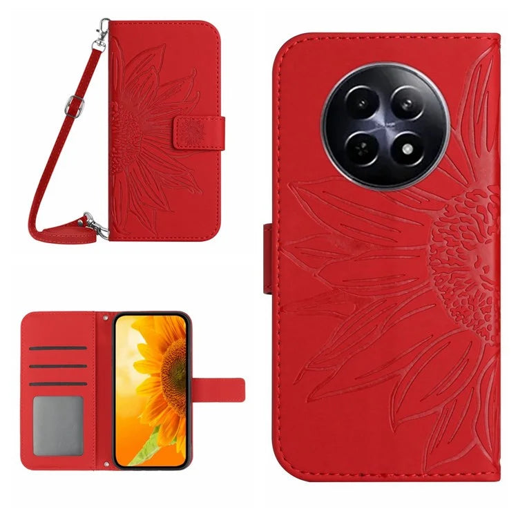 HT04 For Realme 12 Case Leather Phone Cover Protective Cover with Shoulder Strap Sunflower Pattern