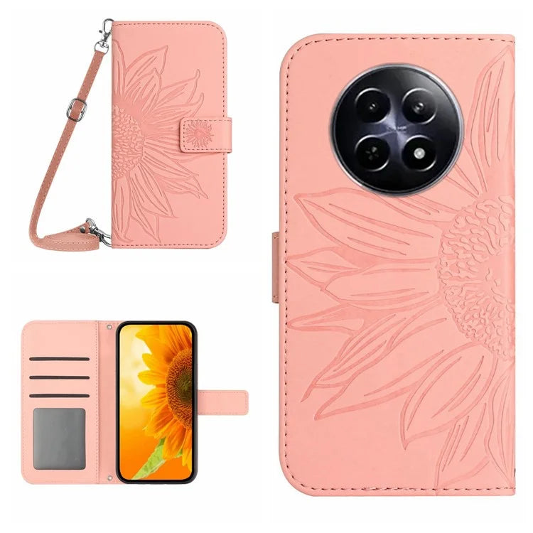 HT04 For Realme 12 Case Leather Phone Cover Protective Cover with Shoulder Strap Sunflower Pattern