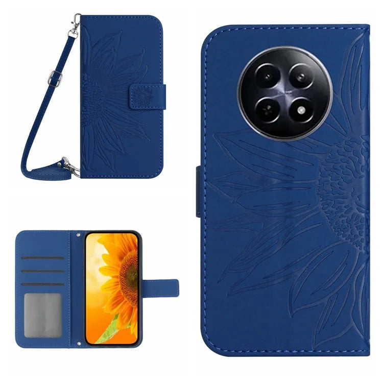 HT04 For Realme 12 Case Leather Phone Cover Protective Cover with Shoulder Strap Sunflower Pattern