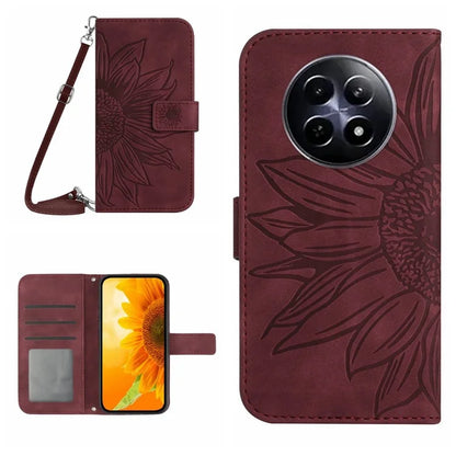 HT04 For Realme 12 Case Leather Phone Cover Protective Cover with Shoulder Strap Sunflower Pattern
