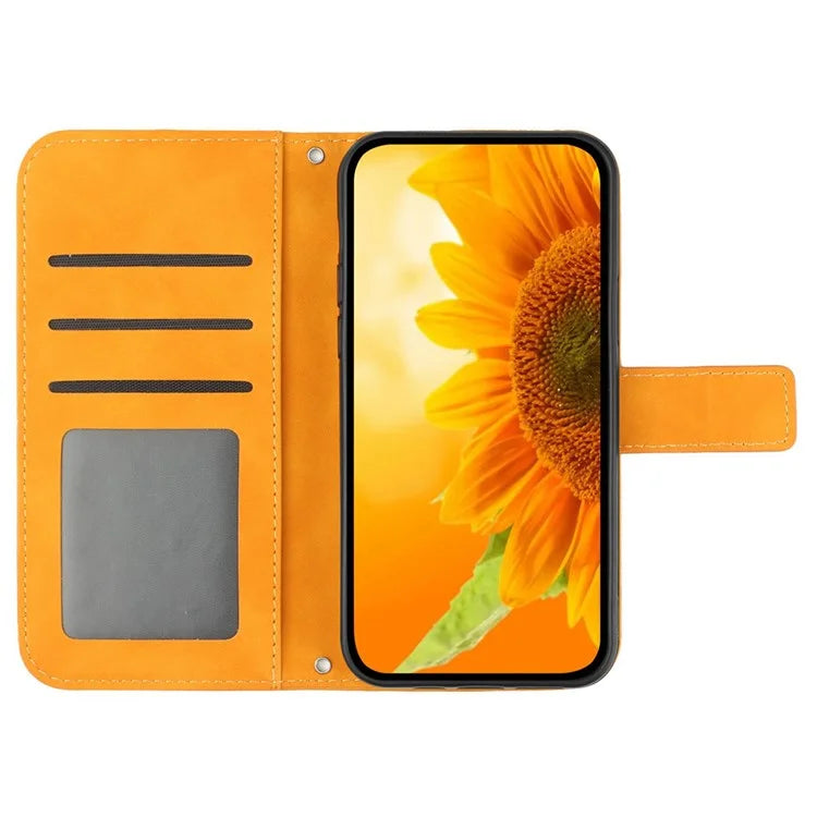 HT04 For Realme 12 Case Leather Phone Cover Protective Cover with Shoulder Strap Sunflower Pattern