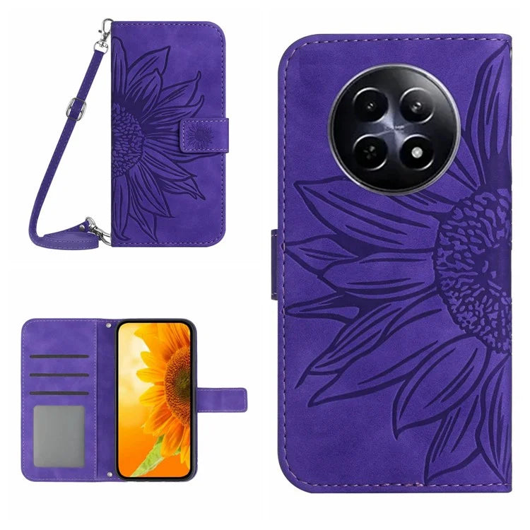 HT04 For Realme 12 Case Leather Phone Cover Protective Cover with Shoulder Strap Sunflower Pattern