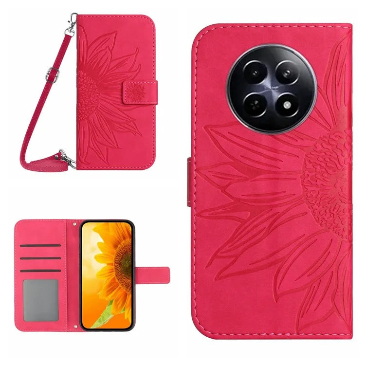 HT04 For Realme 12 Case Leather Phone Cover Protective Cover with Shoulder Strap Sunflower Pattern