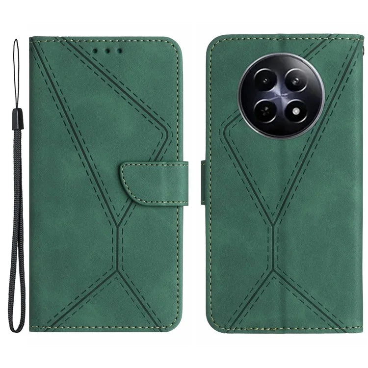 HT05 For Realme 12 Cover Phone Case PU Leather Stand Wallet Case Lines Imprinted