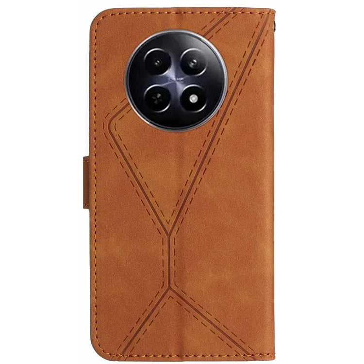 HT05 For Realme 12 Cover Phone Case PU Leather Stand Wallet Case Lines Imprinted