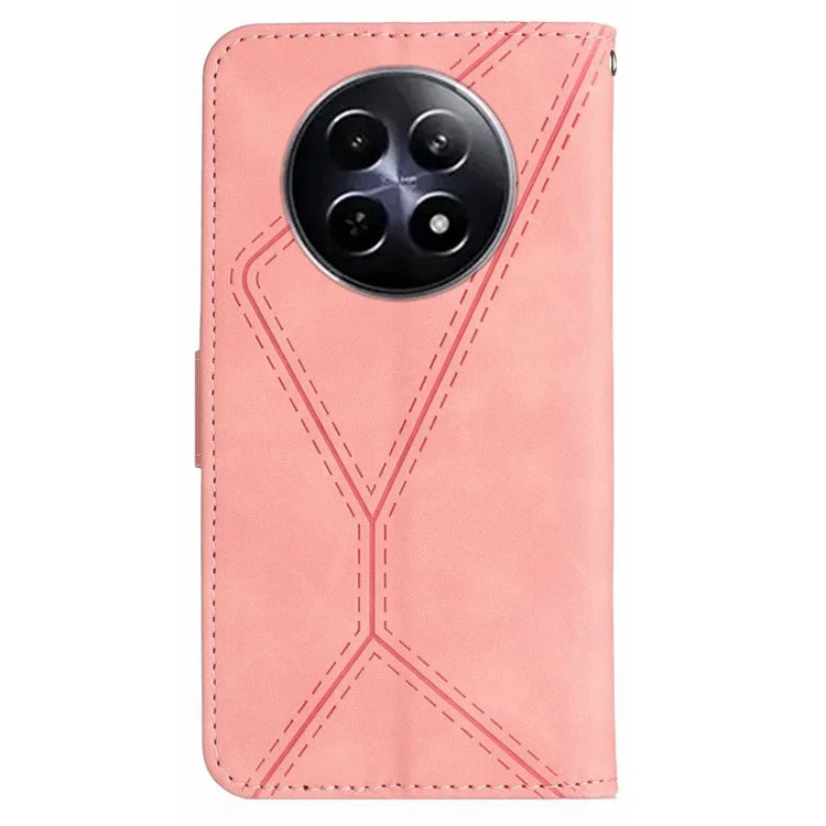 HT05 For Realme 12 Cover Phone Case PU Leather Stand Wallet Case Lines Imprinted