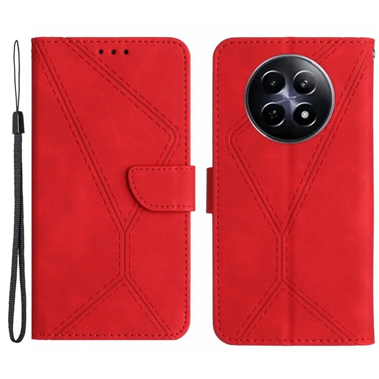 HT05 For Realme 12 Cover Phone Case PU Leather Stand Wallet Case Lines Imprinted