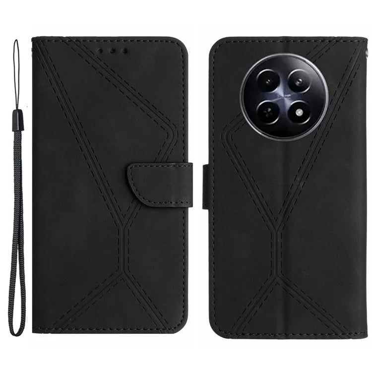 HT05 For Realme 12 Cover Phone Case PU Leather Stand Wallet Case Lines Imprinted