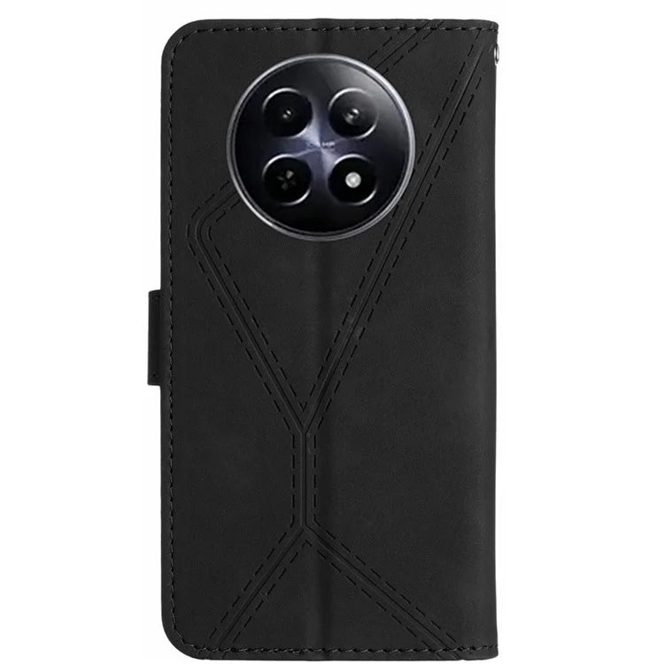 HT05 For Realme 12 Cover Phone Case PU Leather Stand Wallet Case Lines Imprinted