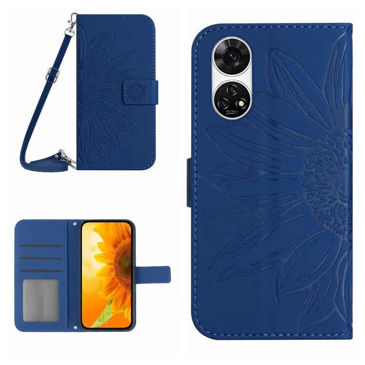 HT04 For ZTE Anshin Family A303ZT Phone Case Sunflower Pattern Leather Cover with Shoulder Strap