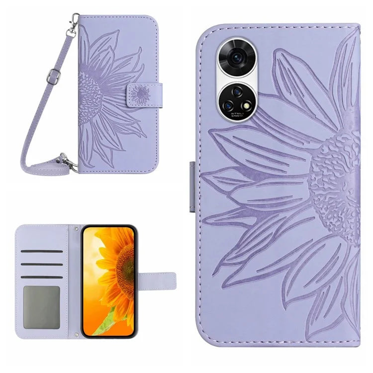 HT04 For ZTE Anshin Family A303ZT Phone Case Sunflower Pattern Leather Cover with Shoulder Strap